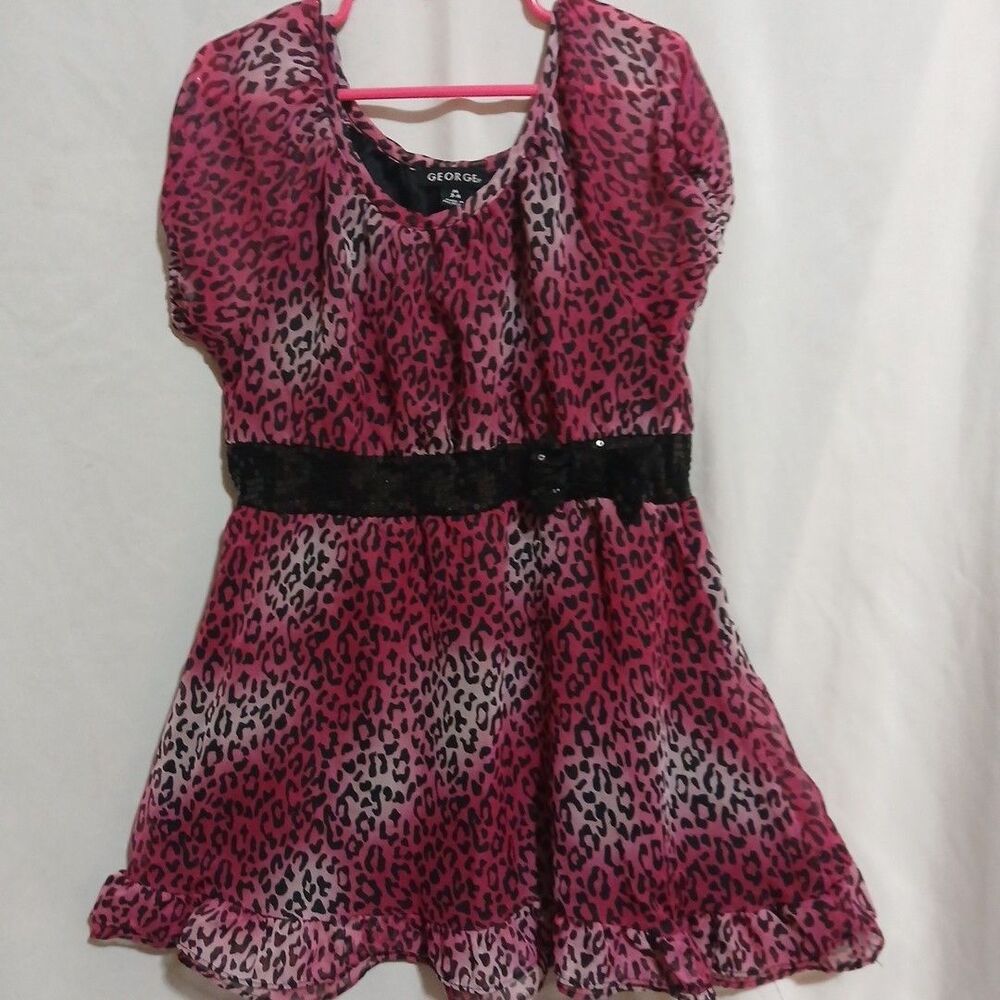 George Girls Dress Dize M Pink Animal Print With Black Bow
